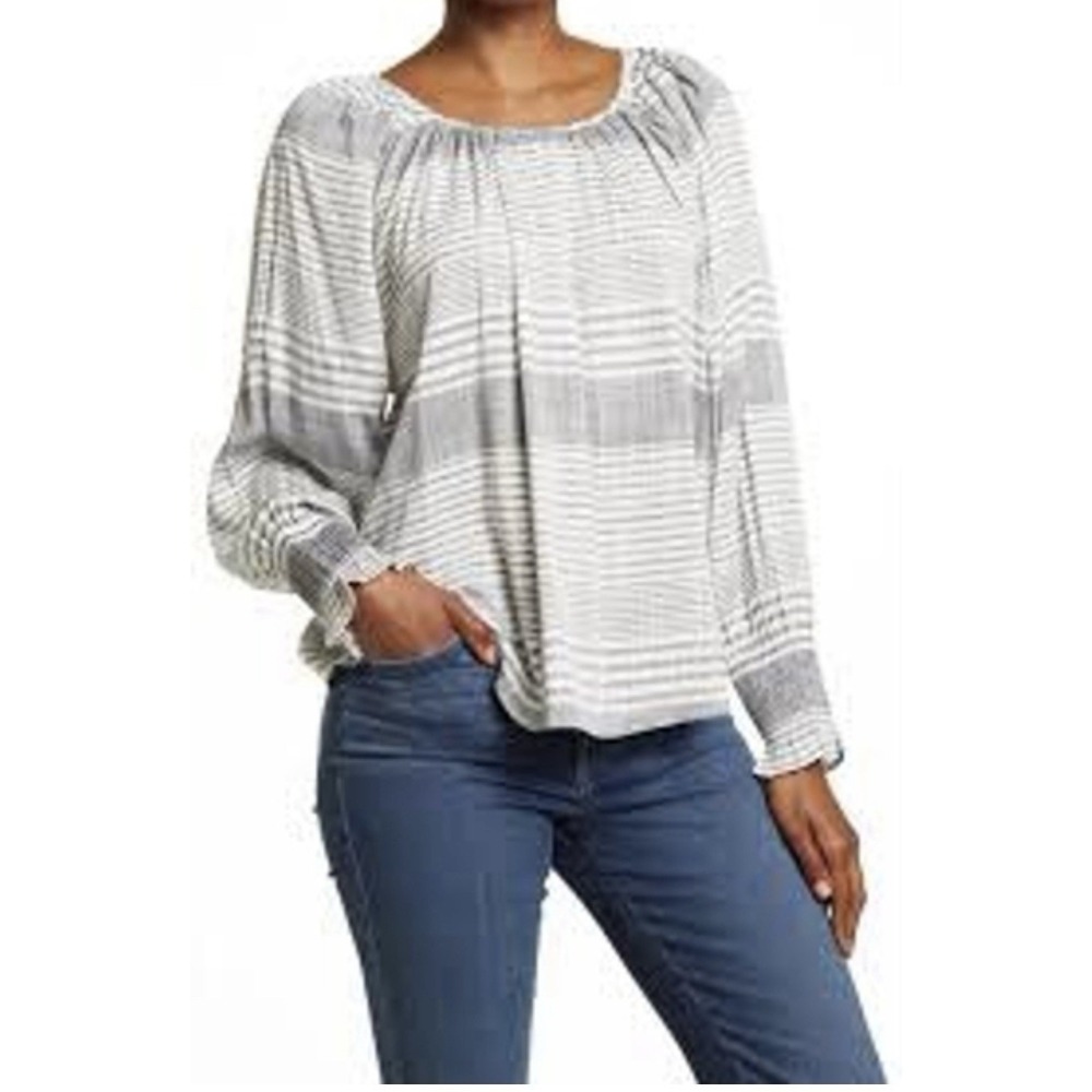 Tommy Bahama Small Blouse Gray White Striped Lucia Isle Shirt Top Coastal Flowy